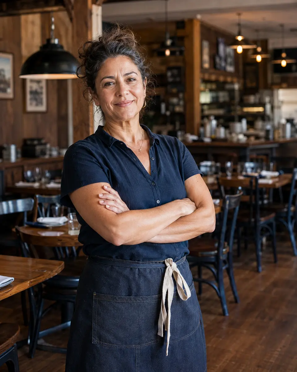 Restaurant owner standing inside her business